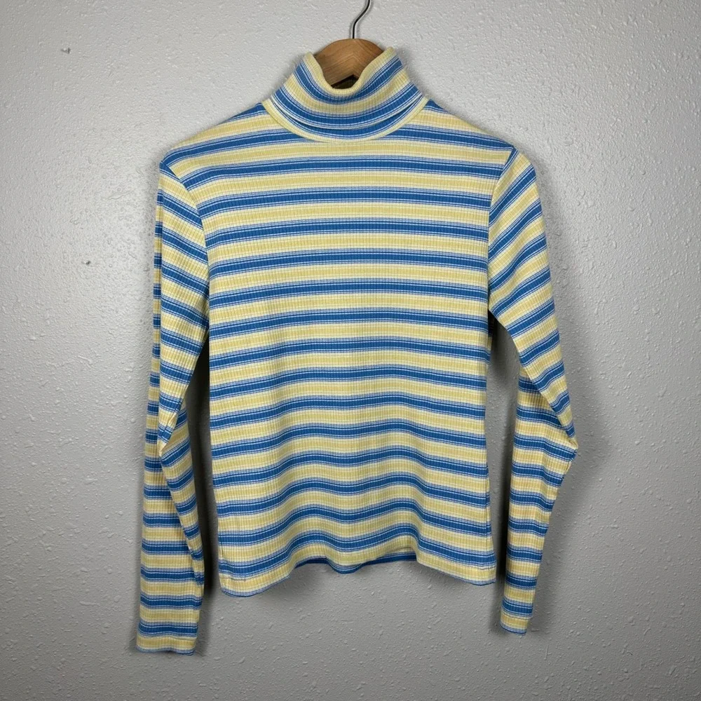 Vintage Arizona Womens L Turtleneck Long Sleeve Striped Ribbed Blue Yellow Y2K